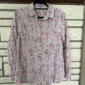 J.Mclaughlin Lois Pink Cotton Blouse Crinkle Abstract Size L Cottagecore Chic